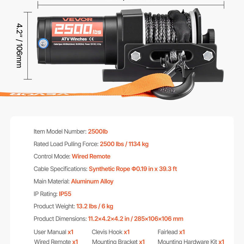 VEVOR elektriskā vinča ATV/UTV 1134 kg ar Φ4,8 mm x 12 m sintētisko trosi, vadu tālvadības pulti, IP55 ūdensizturība, alumīnija korpuss ar troses vadotni un montāžas plāksni bezceļu vilkšanai - ZEMLETES.LV