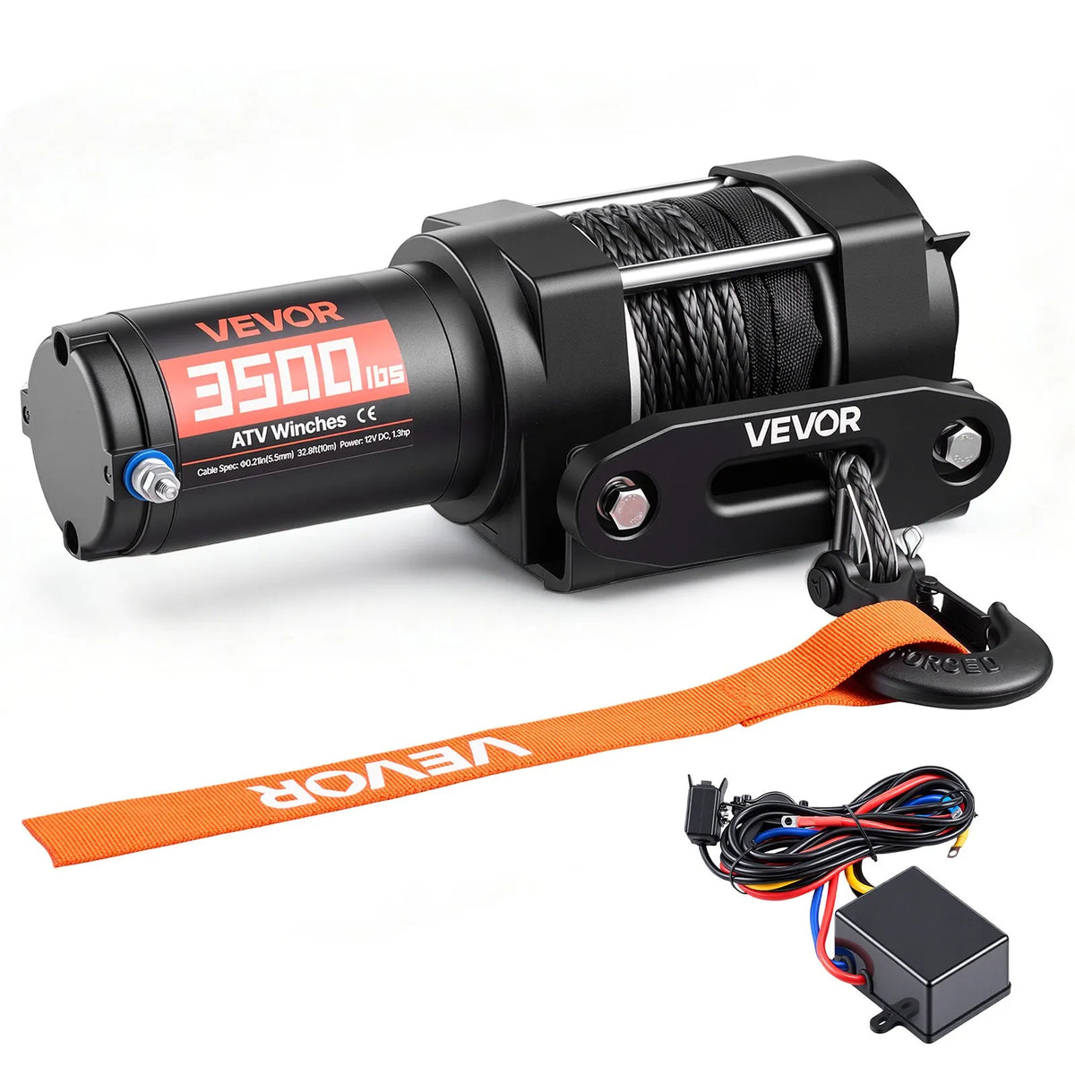 VEVOR elektriskā vinča 1587 kg, 12 V DC ATV/UTV vinča ar Ø5,5 mm x 10 m sintētisko trosi un vadu tālvadību, IP55, alumīnija vadīkla un montāžas plāksne, vilkšanai, melna - ZEMLETES.LV