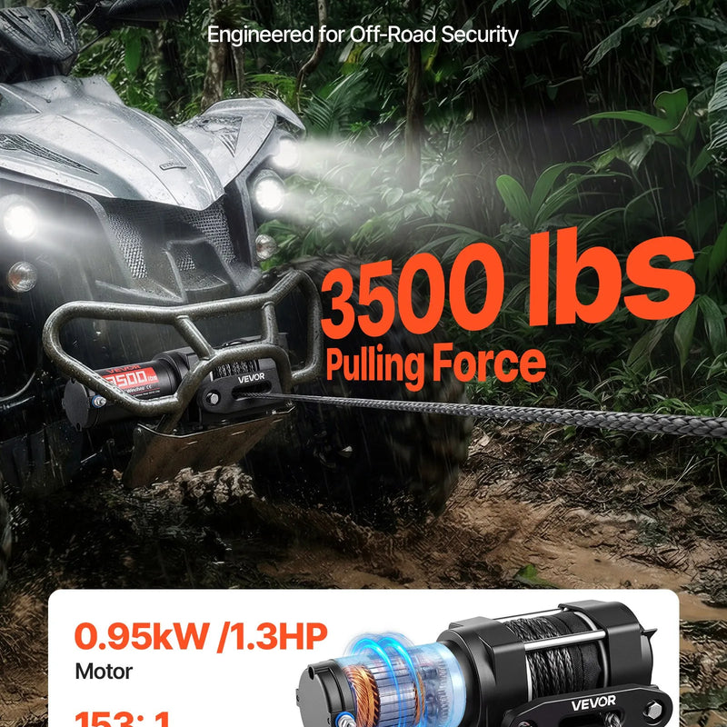 VEVOR elektriskā vinča 1587 kg, 12 V DC ATV/UTV vinča ar Ø5,5 mm x 10 m sintētisko trosi un vadu tālvadību, IP55, alumīnija vadīkla un montāžas plāksne, vilkšanai, melna - ZEMLETES.LV