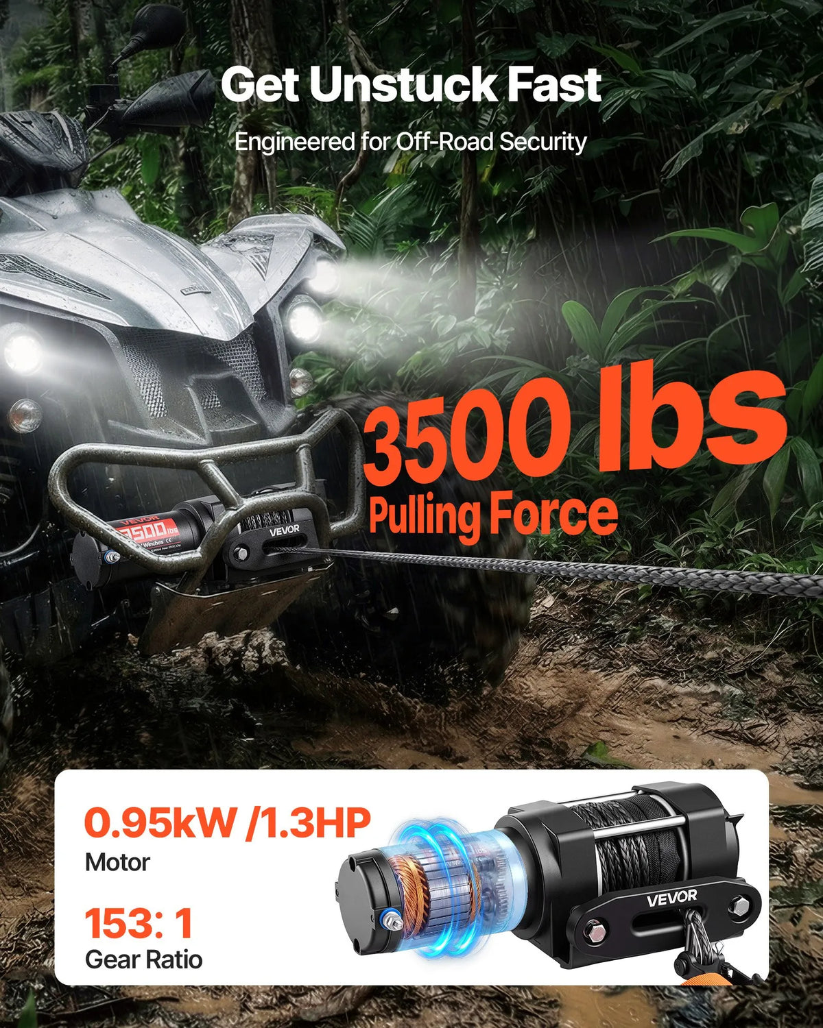 VEVOR elektriskā vinča 1587 kg, 12 V DC ATV/UTV vinča ar Ø5,5 mm x 10 m sintētisko trosi un vadu tālvadību, IP55, alumīnija vadīkla un montāžas plāksne, vilkšanai, melna - ZEMLETES.LV