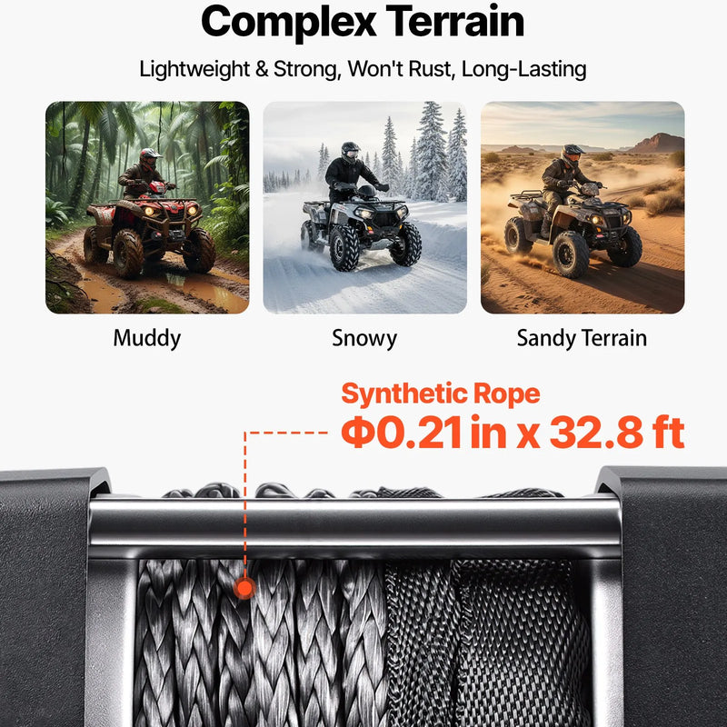 VEVOR elektriskā vinča 1587 kg, 12 V DC ATV/UTV vinča ar Ø5,5 mm x 10 m sintētisko trosi un vadu tālvadību, IP55, alumīnija vadīkla un montāžas plāksne, vilkšanai, melna - ZEMLETES.LV