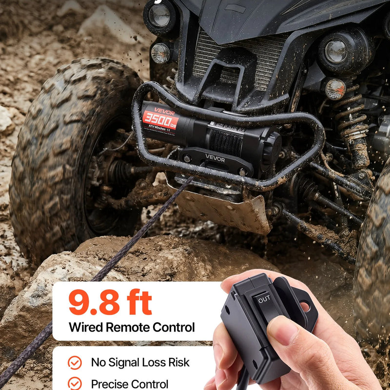 VEVOR elektriskā vinča 1587 kg, 12 V DC ATV/UTV vinča ar Ø5,5 mm x 10 m sintētisko trosi un vadu tālvadību, IP55, alumīnija vadīkla un montāžas plāksne, vilkšanai, melna - ZEMLETES.LV