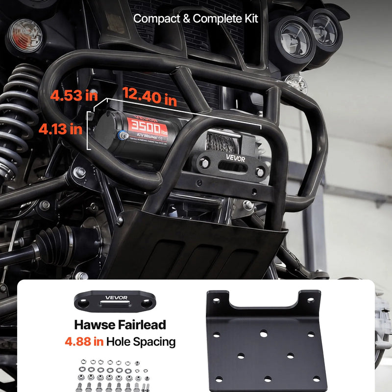 VEVOR elektriskā vinča 1587 kg, 12 V DC ATV/UTV vinča ar Ø5,5 mm x 10 m sintētisko trosi un vadu tālvadību, IP55, alumīnija vadīkla un montāžas plāksne, vilkšanai, melna - ZEMLETES.LV