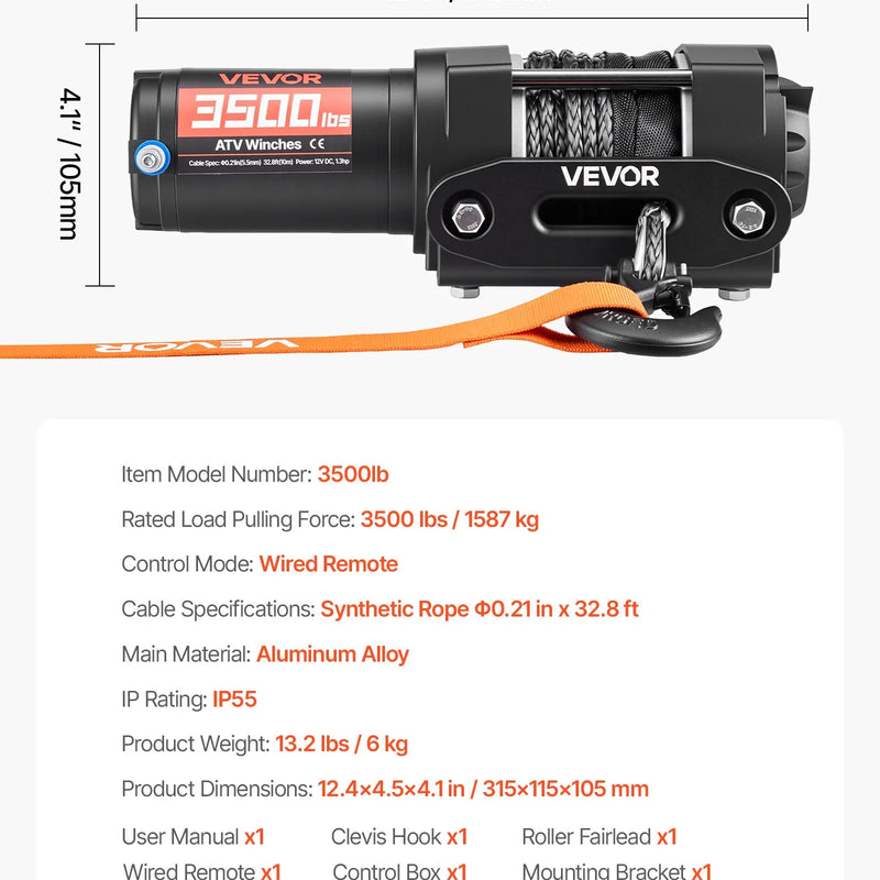VEVOR elektriskā vinča 1587 kg, 12 V DC ATV/UTV vinča ar Ø5,5 mm x 10 m sintētisko trosi un vadu tālvadību, IP55, alumīnija vadīkla un montāžas plāksne, vilkšanai, melna - ZEMLETES.LV