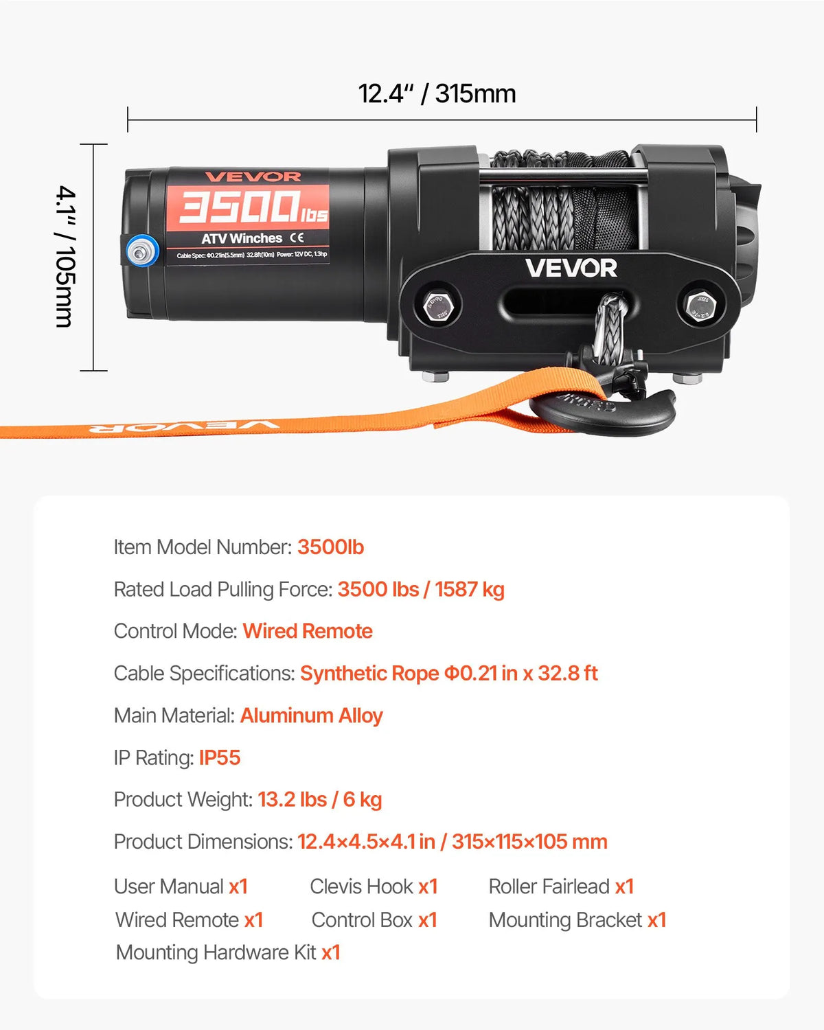 VEVOR elektriskā vinča 1587 kg, 12 V DC ATV/UTV vinča ar Ø5,5 mm x 10 m sintētisko trosi un vadu tālvadību, IP55, alumīnija vadīkla un montāžas plāksne, vilkšanai, melna - ZEMLETES.LV