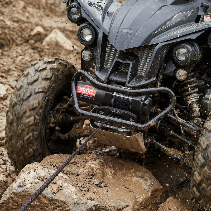 VEVOR elektriskā vinča 1587 kg, 12 V DC ATV/UTV vinča ar Ø5,5 mm x 10 m sintētisko trosi un vadu tālvadību, IP55, alumīnija vadīkla un montāžas plāksne, vilkšanai, melna - ZEMLETES.LV