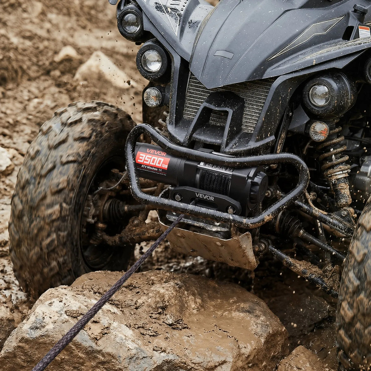 VEVOR elektriskā vinča 1587 kg, 12 V DC ATV/UTV vinča ar Ø5,5 mm x 10 m sintētisko trosi un vadu tālvadību, IP55, alumīnija vadīkla un montāžas plāksne, vilkšanai, melna - ZEMLETES.LV