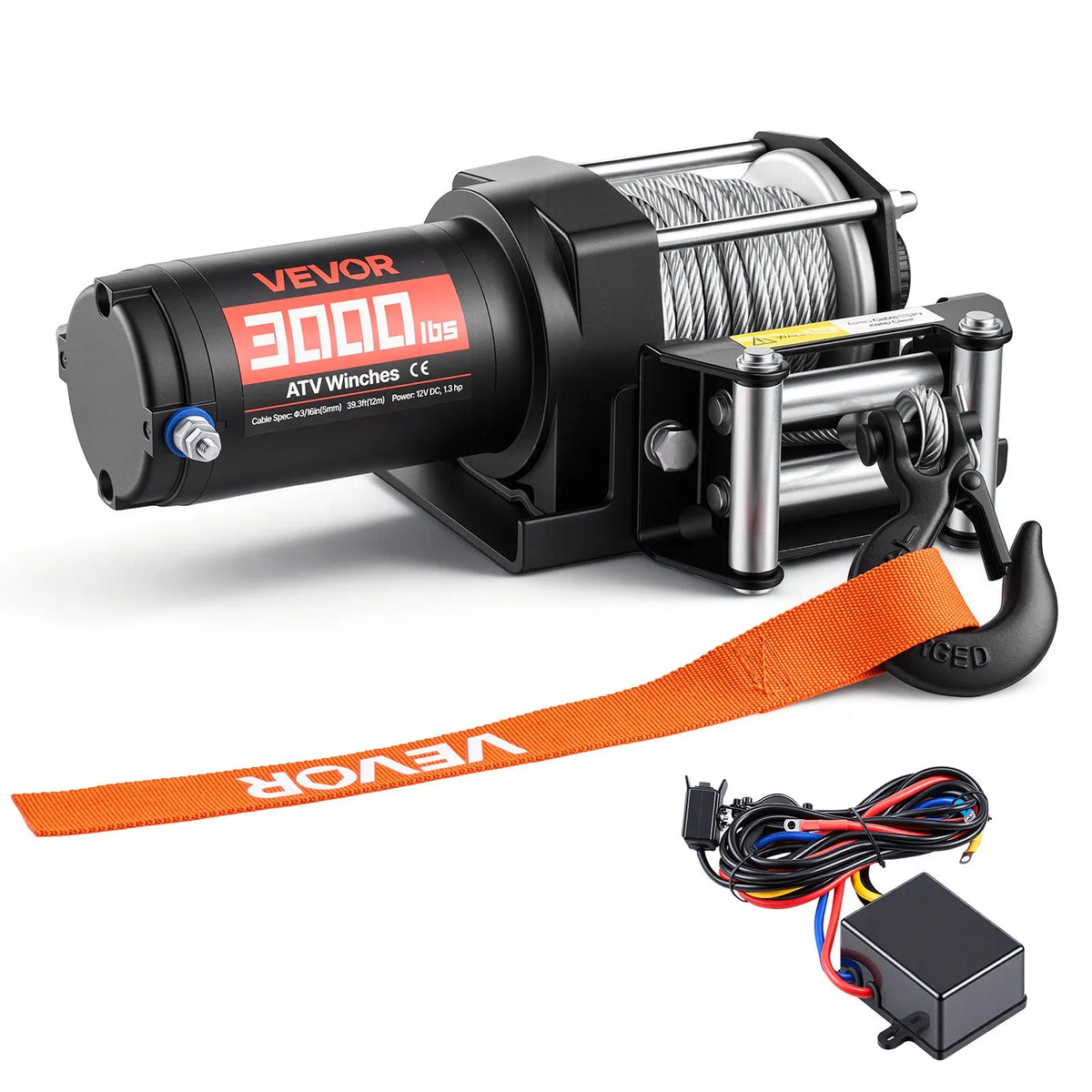 VEVOR elektriskā vinča 1360 kg, 12 V DC ATV/UTV vinča ar Ø5 mm x 12 m tērauda trosi un vadu tālvadību, IP55, alumīnija vadīkla un montāžas plāksne, vilkšanai, melna - ZEMLETES.LV