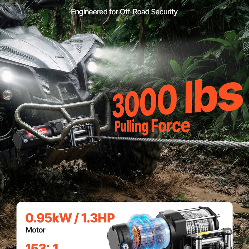 VEVOR elektriskā vinča 1360 kg, 12 V DC ATV/UTV vinča ar Ø5 mm x 12 m tērauda trosi un vadu tālvadību, IP55, alumīnija vadīkla un montāžas plāksne, vilkšanai, melna - ZEMLETES.LV