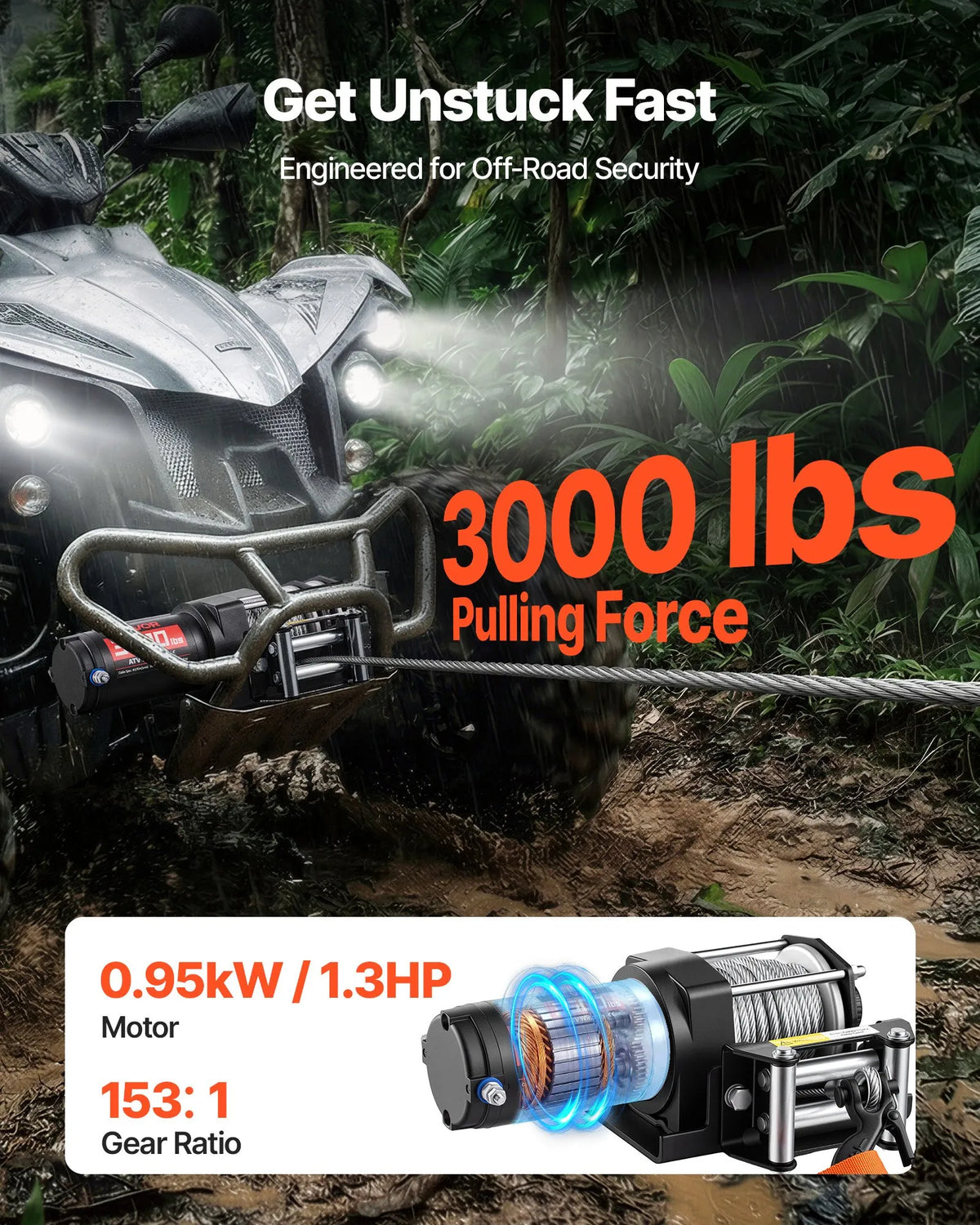 VEVOR elektriline vints 1360 kg, 12 V DC ATV/UTV vints koos Ø5 mm × 12 m terastrossiga, kaugjuhtimispuldiga, IP55, alumiiniumkorpuse ja paigaldusplaadiga, must