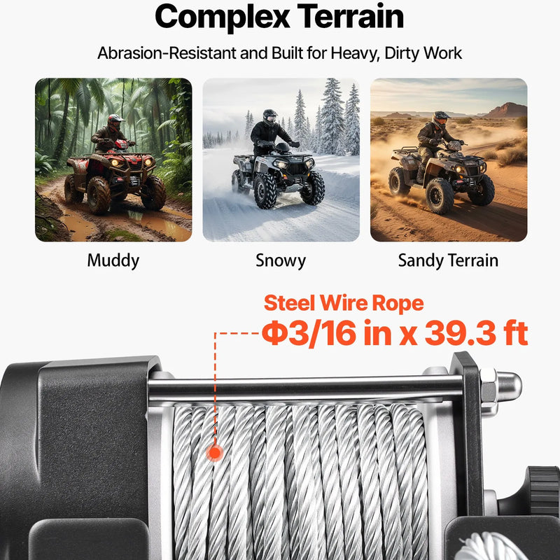VEVOR elektriskā vinča 1360 kg, 12 V DC ATV/UTV vinča ar Ø5 mm x 12 m tērauda trosi un vadu tālvadību, IP55, alumīnija vadīkla un montāžas plāksne, vilkšanai, melna - ZEMLETES.LV