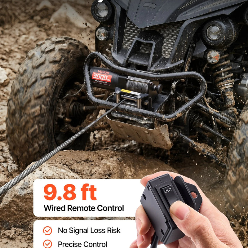 VEVOR elektriskā vinča 1360 kg, 12 V DC ATV/UTV vinča ar Ø5 mm x 12 m tērauda trosi un vadu tālvadību, IP55, alumīnija vadīkla un montāžas plāksne, vilkšanai, melna - ZEMLETES.LV