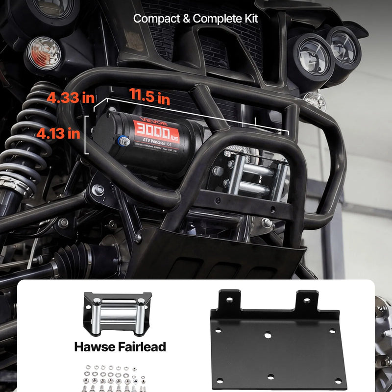VEVOR elektriskā vinča 1360 kg, 12 V DC ATV/UTV vinča ar Ø5 mm x 12 m tērauda trosi un vadu tālvadību, IP55, alumīnija vadīkla un montāžas plāksne, vilkšanai, melna - ZEMLETES.LV