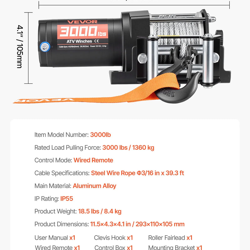 VEVOR elektriskā vinča 1360 kg, 12 V DC ATV/UTV vinča ar Ø5 mm x 12 m tērauda trosi un vadu tālvadību, IP55, alumīnija vadīkla un montāžas plāksne, vilkšanai, melna - ZEMLETES.LV