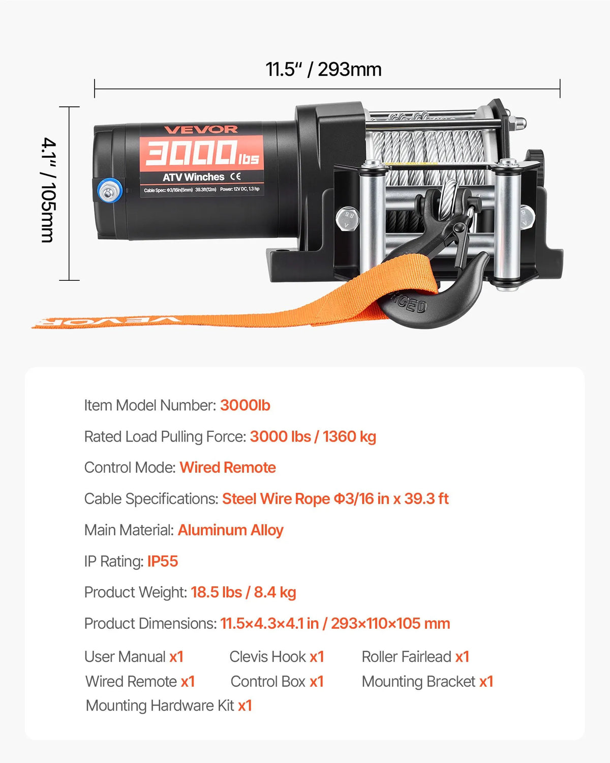 VEVOR elektriskā vinča 1360 kg, 12 V DC ATV/UTV vinča ar Ø5 mm x 12 m tērauda trosi un vadu tālvadību, IP55, alumīnija vadīkla un montāžas plāksne, vilkšanai, melna - ZEMLETES.LV