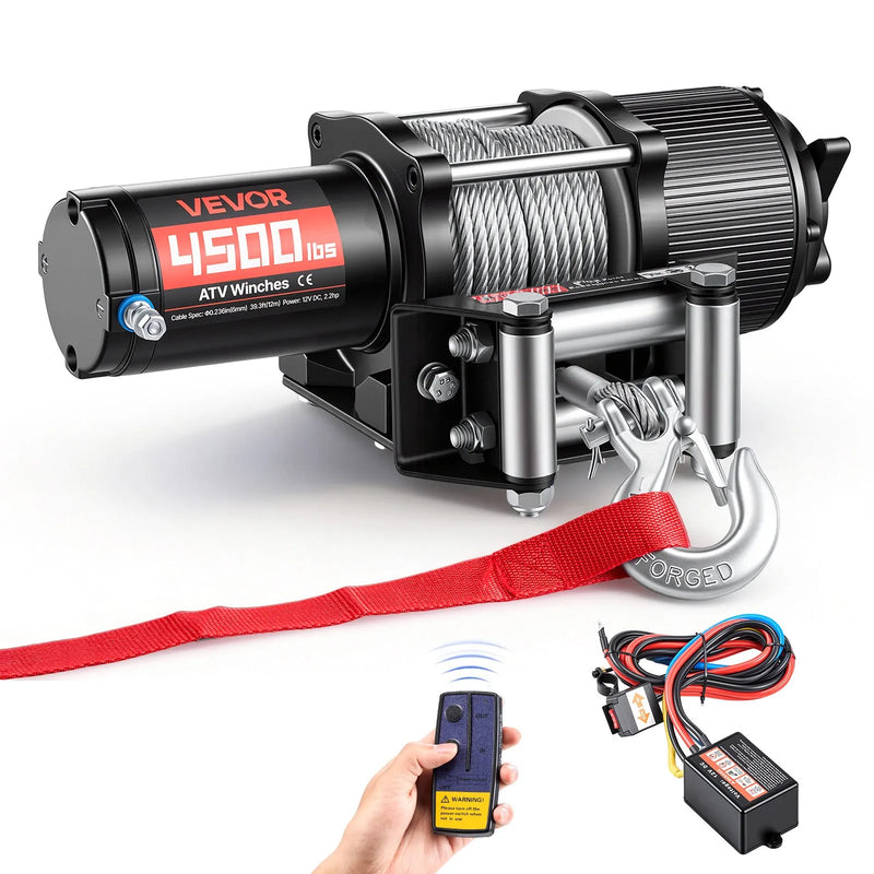 VEVOR elektriskā vinča ATV/UTV 2041 kg ar Φ6 mm x 12 m tērauda trosi, bezvadu un vadu tālvadības pulti, IP54 ūdensizturība, ar rullīšu vadotni un montāžas plāksni bezceļu vilkšanai - ZEMLETES.LV