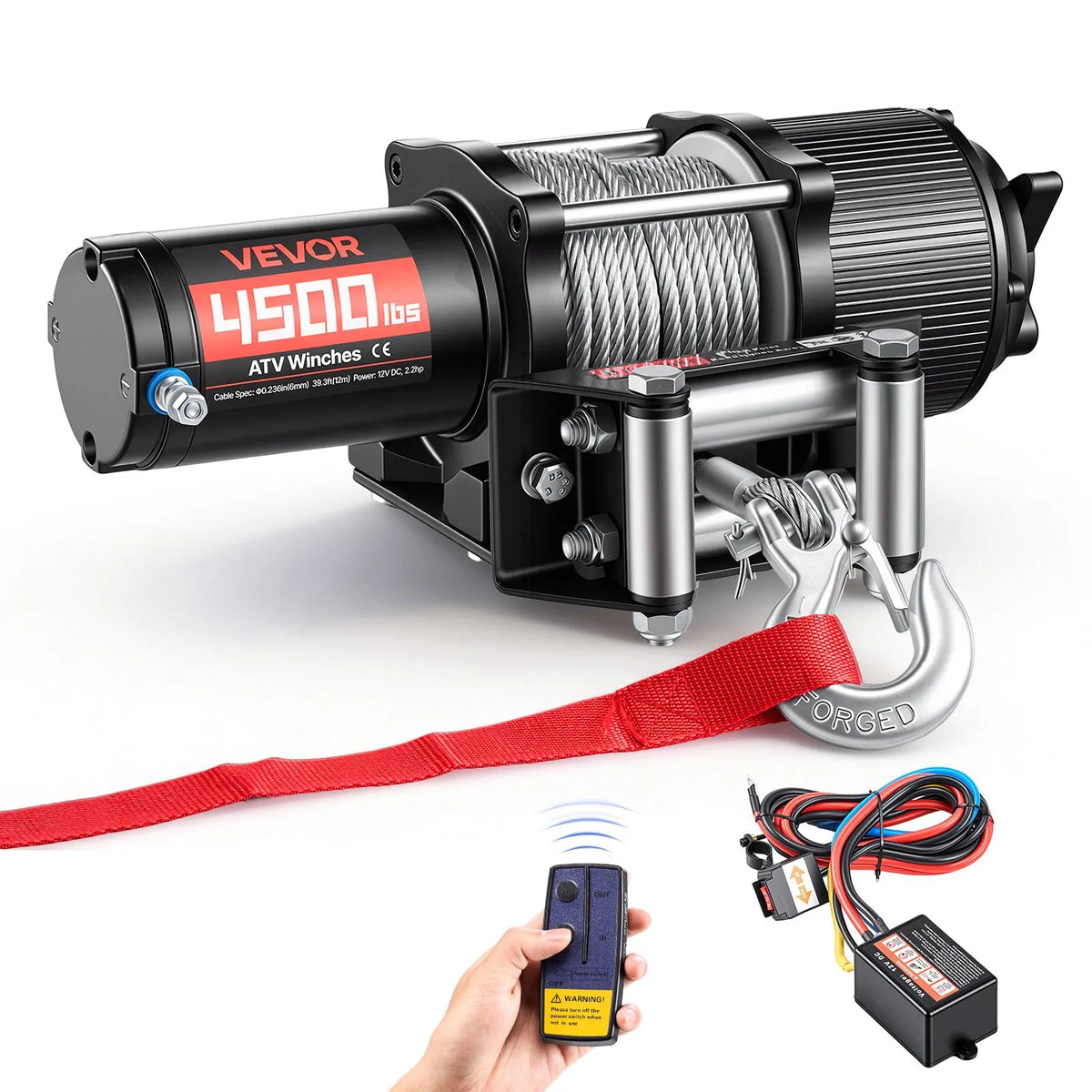 VEVOR elektriskā vinča ATV/UTV 2041 kg ar Φ6 mm x 12 m tērauda trosi, bezvadu un vadu tālvadības pulti, IP54 ūdensizturība, ar rullīšu vadotni un montāžas plāksni bezceļu vilkšanai - ZEMLETES.LV
