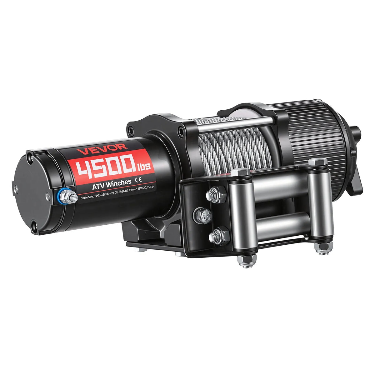 VEVOR elektriskā vinča ATV/UTV 2041 kg ar Φ6 mm x 12 m tērauda trosi, bezvadu un vadu tālvadības pulti, IP54 ūdensizturība, ar rullīšu vadotni un montāžas plāksni bezceļu vilkšanai - ZEMLETES.LV