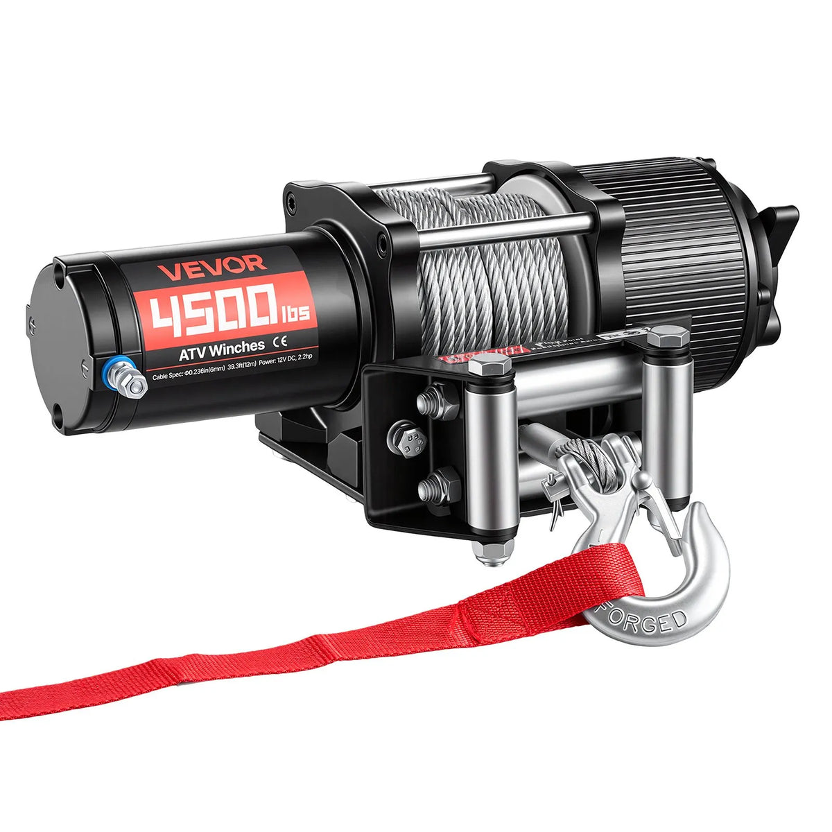 VEVOR elektriskā vinča ATV/UTV 2041 kg ar Φ6 mm x 12 m tērauda trosi, bezvadu un vadu tālvadības pulti, IP54 ūdensizturība, ar rullīšu vadotni un montāžas plāksni bezceļu vilkšanai - ZEMLETES.LV