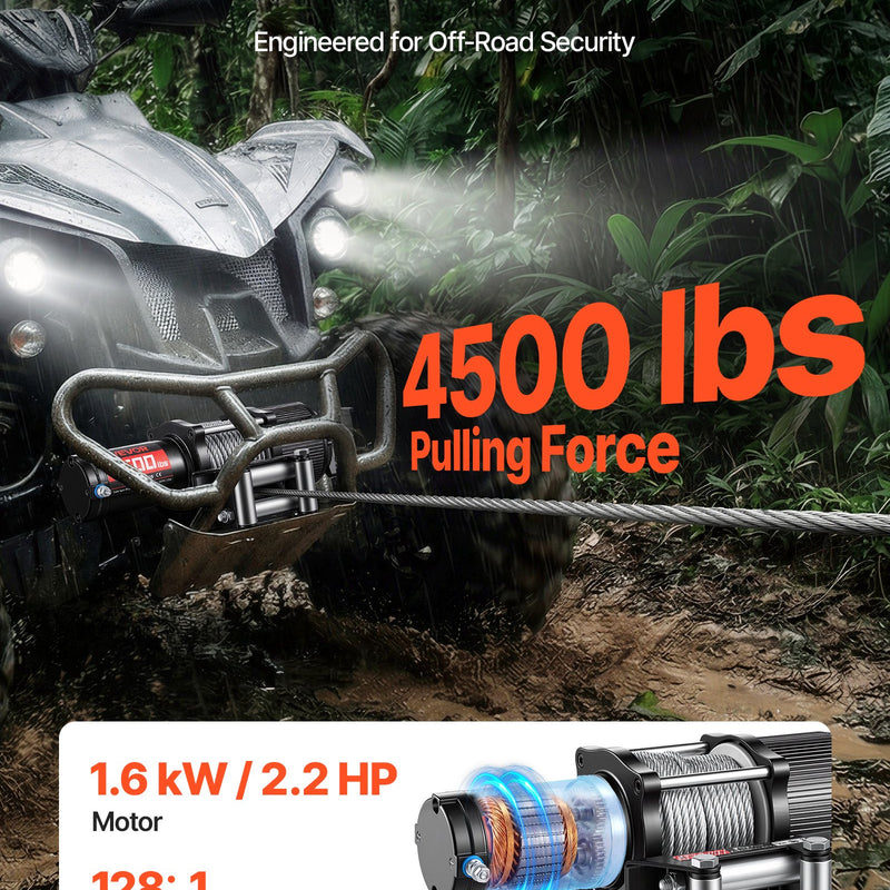 VEVOR elektriskā vinča ATV/UTV 2041 kg ar Φ6 mm x 12 m tērauda trosi, bezvadu un vadu tālvadības pulti, IP54 ūdensizturība, ar rullīšu vadotni un montāžas plāksni bezceļu vilkšanai - ZEMLETES.LV