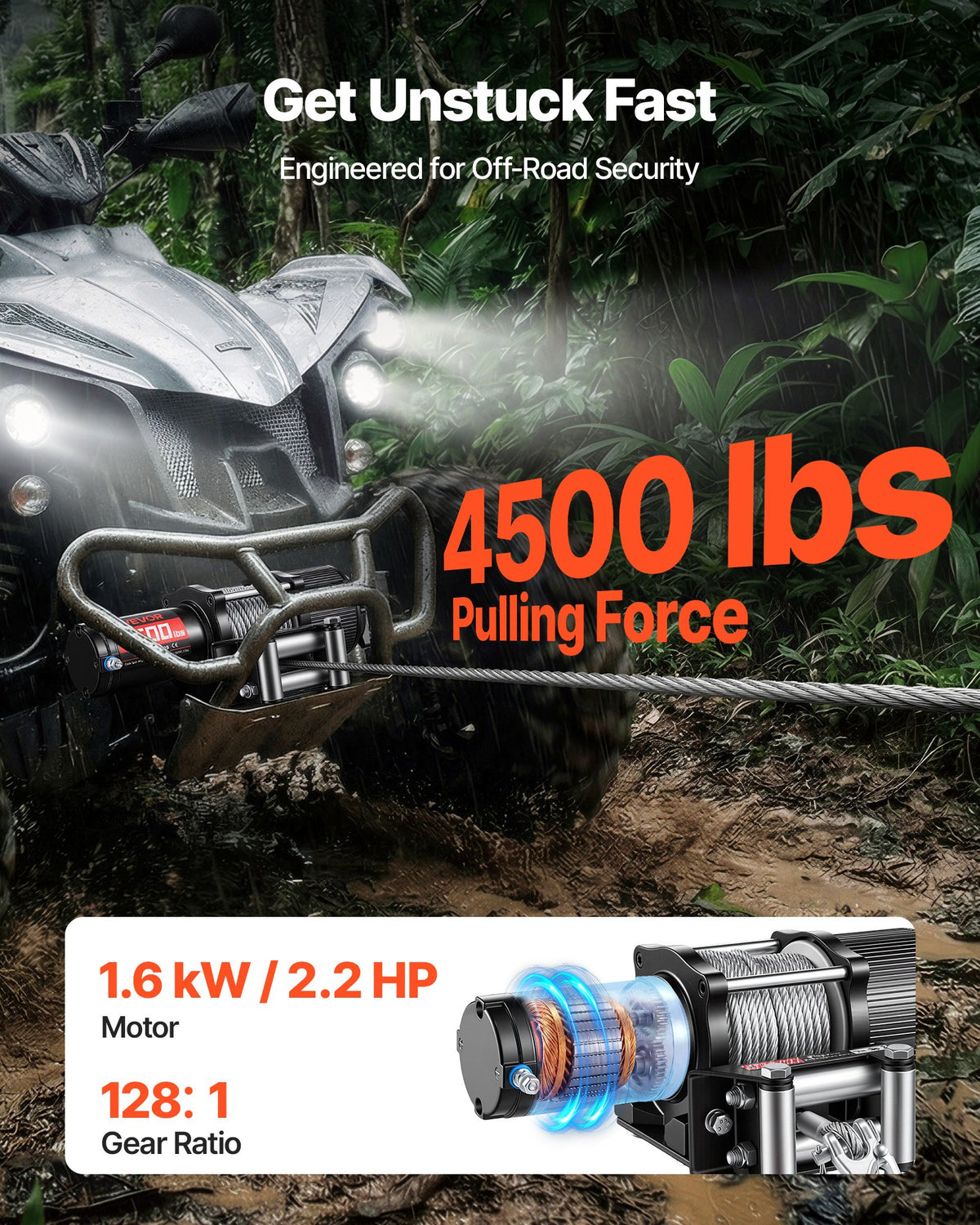 VEVOR elektriskā vinča ATV/UTV 2041 kg ar Φ6 mm x 12 m tērauda trosi, bezvadu un vadu tālvadības pulti, IP54 ūdensizturība, ar rullīšu vadotni un montāžas plāksni bezceļu vilkšanai - ZEMLETES.LV
