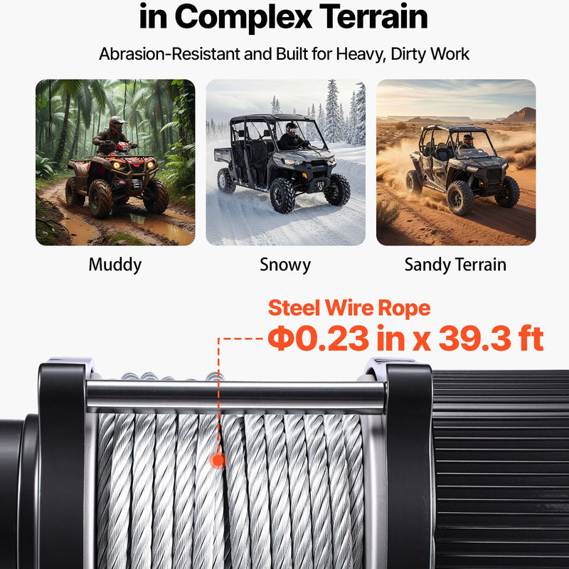 VEVOR elektriskā vinča ATV/UTV 2041 kg ar Φ6 mm x 12 m tērauda trosi, bezvadu un vadu tālvadības pulti, IP54 ūdensizturība, ar rullīšu vadotni un montāžas plāksni bezceļu vilkšanai - ZEMLETES.LV