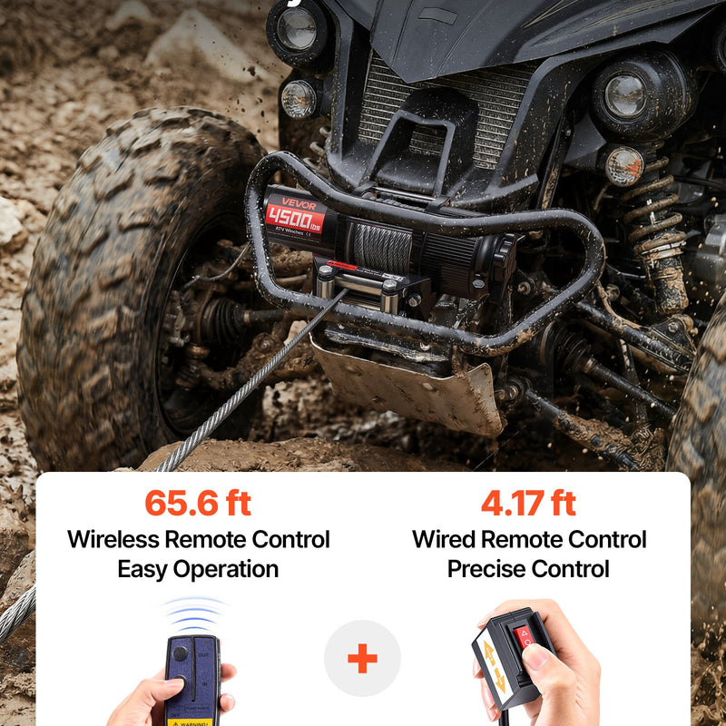 VEVOR elektriskā vinča ATV/UTV 2041 kg ar Φ6 mm x 12 m tērauda trosi, bezvadu un vadu tālvadības pulti, IP54 ūdensizturība, ar rullīšu vadotni un montāžas plāksni bezceļu vilkšanai - ZEMLETES.LV