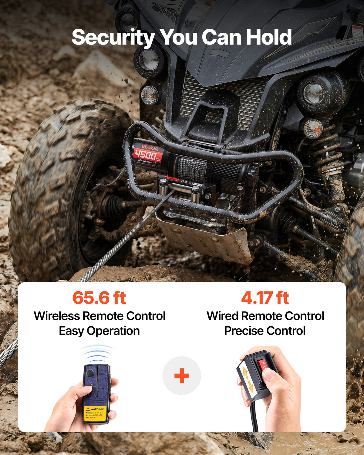VEVOR elektriskā vinča ATV/UTV 2041 kg ar Φ6 mm x 12 m tērauda trosi, bezvadu un vadu tālvadības pulti, IP54 ūdensizturība, ar rullīšu vadotni un montāžas plāksni bezceļu vilkšanai - ZEMLETES.LV