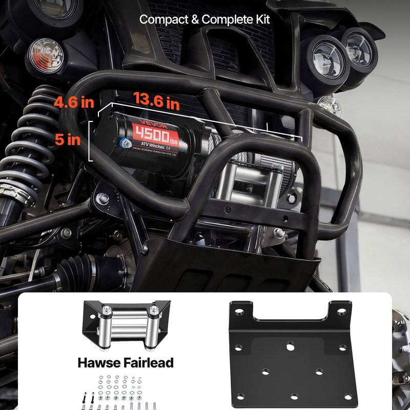 VEVOR elektriskā vinča ATV/UTV 2041 kg ar Φ6 mm x 12 m tērauda trosi, bezvadu un vadu tālvadības pulti, IP54 ūdensizturība, ar rullīšu vadotni un montāžas plāksni bezceļu vilkšanai - ZEMLETES.LV