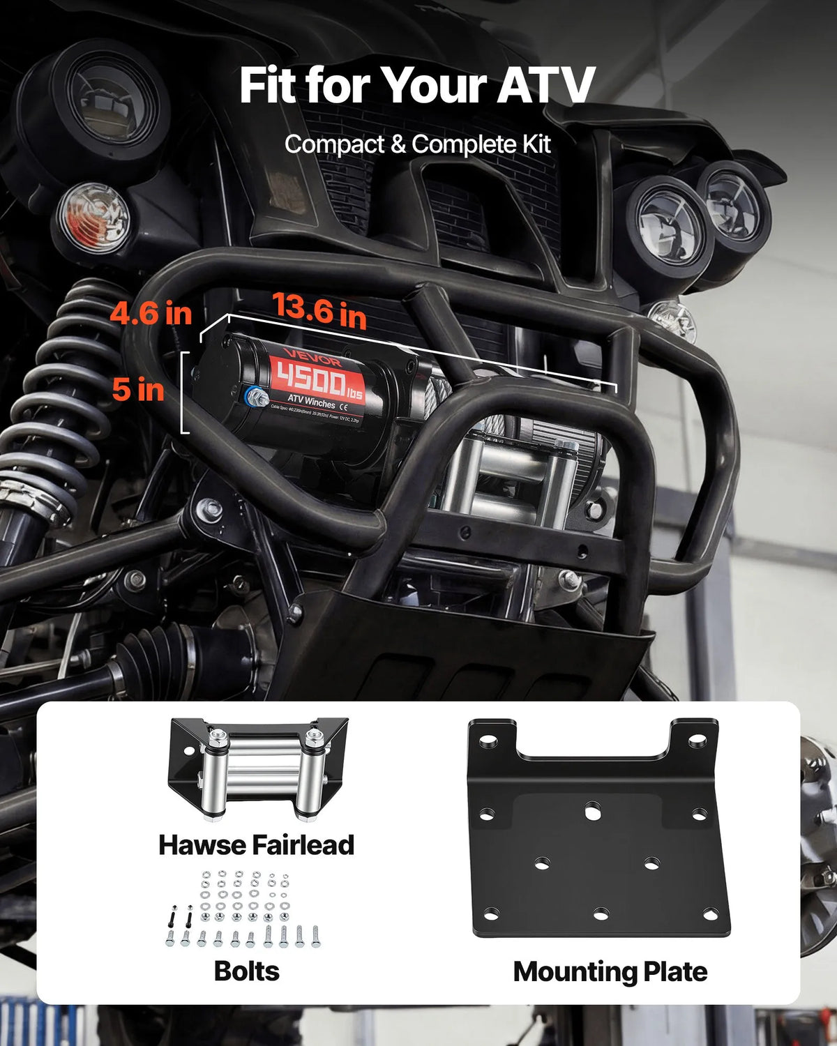 VEVOR elektriskā vinča ATV/UTV 2041 kg ar Φ6 mm x 12 m tērauda trosi, bezvadu un vadu tālvadības pulti, IP54 ūdensizturība, ar rullīšu vadotni un montāžas plāksni bezceļu vilkšanai - ZEMLETES.LV