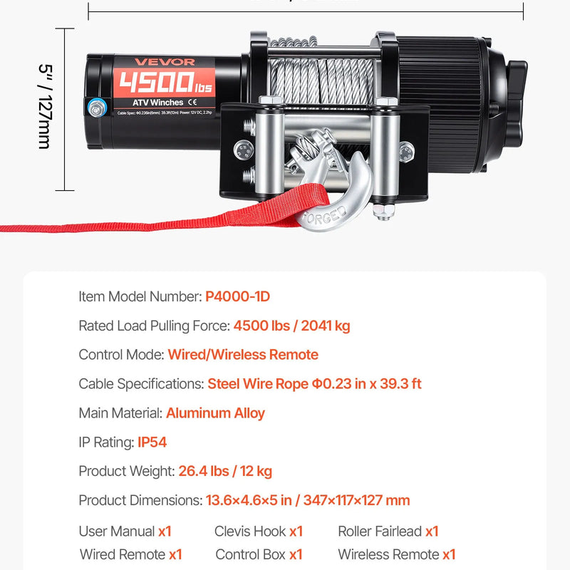 VEVOR elektriskā vinča ATV/UTV 2041 kg ar Φ6 mm x 12 m tērauda trosi, bezvadu un vadu tālvadības pulti, IP54 ūdensizturība, ar rullīšu vadotni un montāžas plāksni bezceļu vilkšanai - ZEMLETES.LV