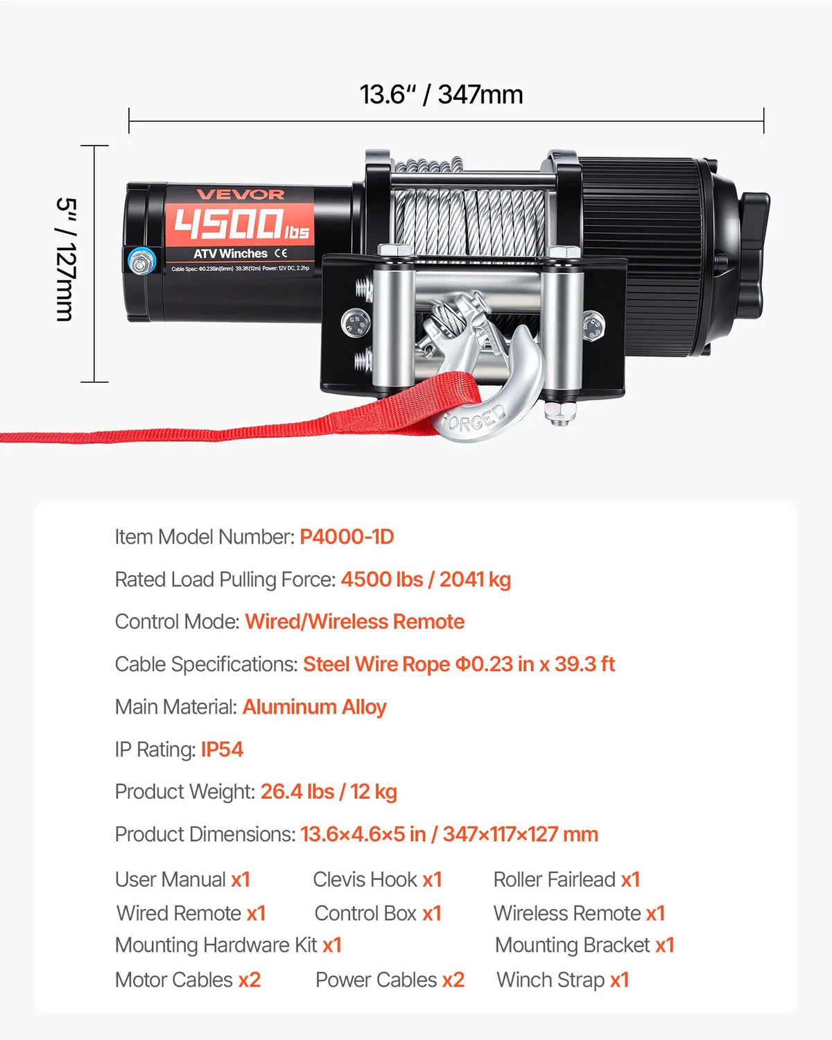VEVOR elektriskā vinča ATV/UTV 2041 kg ar Φ6 mm x 12 m tērauda trosi, bezvadu un vadu tālvadības pulti, IP54 ūdensizturība, ar rullīšu vadotni un montāžas plāksni bezceļu vilkšanai - ZEMLETES.LV