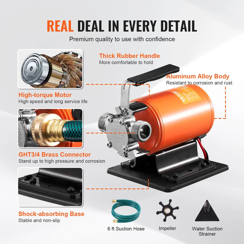 VEVOR ūdens pārsūknēšanas sūknis 12 V DC, plūsma 23 l/min, jauda 75 W, pārnēsājams elektriskais sūknis ar 183 cm iesūkšanas šļūtenes komplektu, lāpstiņriteni un sieta filtru dārza, lietus ūdens tvertņu, baseinu, dīķu, burbuļvannu un akvāriju nosusināšanai