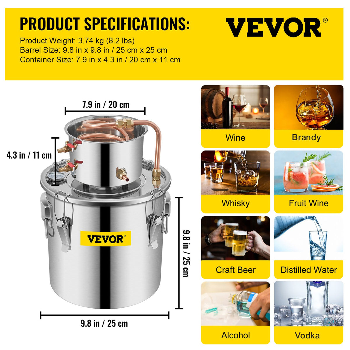 VEVOR destilācijas aparāts 11,4 l ar termometru un sūkni, alkoholam, ēteriskajām eļļām un ūdenim