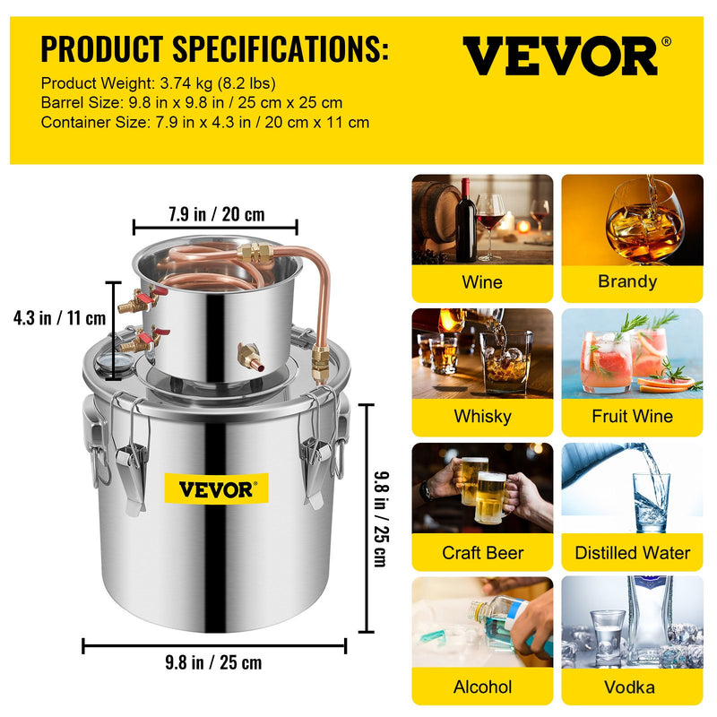 VEVOR 11.4L destilācijas aparāts ar iebūvētu termometru uz vāka un ūdens cirkulācijas sūkni, piemērots  alkohola destilācijai, ēterisko eļļu iegūšanai un ūdens attīrīšanai