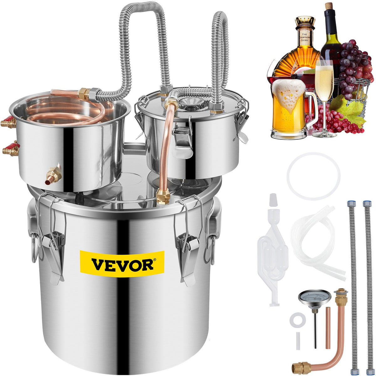 VEVOR Distillation Apparatus 19 l with Copper Tube and Thermometer, for Alcohol, Oils and Hydrosols