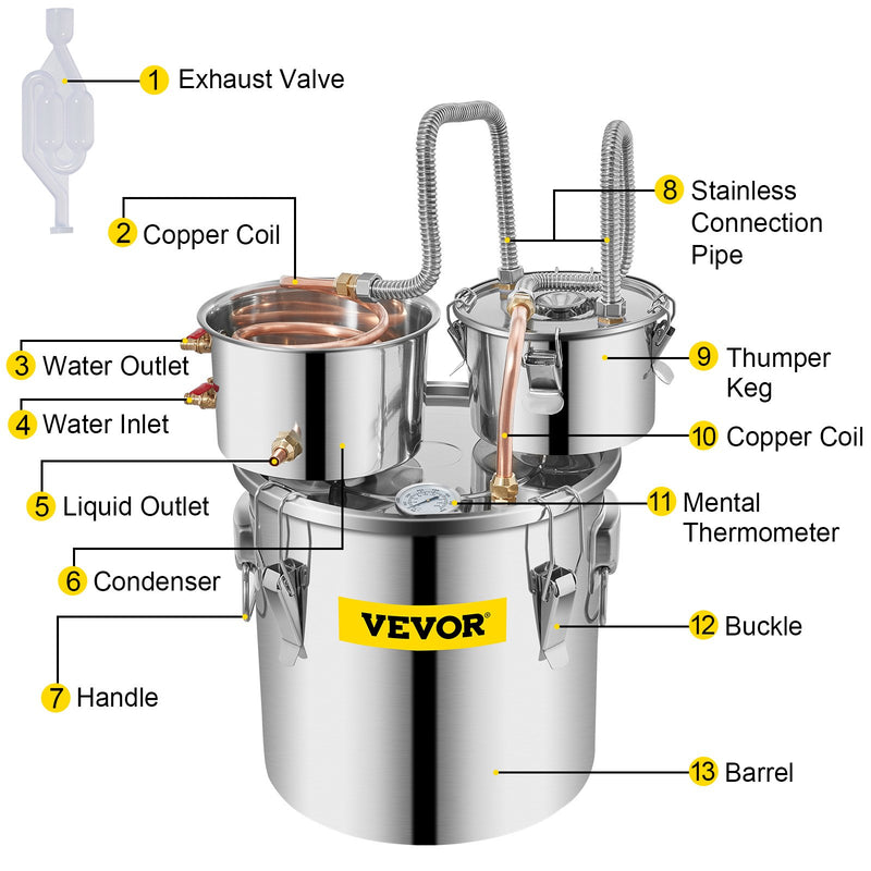 VEVOR  destilācijas aparāts, 19L, ar vara cauruli,  ar Iebūvētu termometru, piemērots alkohola, esenciālo eļļu, hidrosolu un destilēta ūdens ražošanai