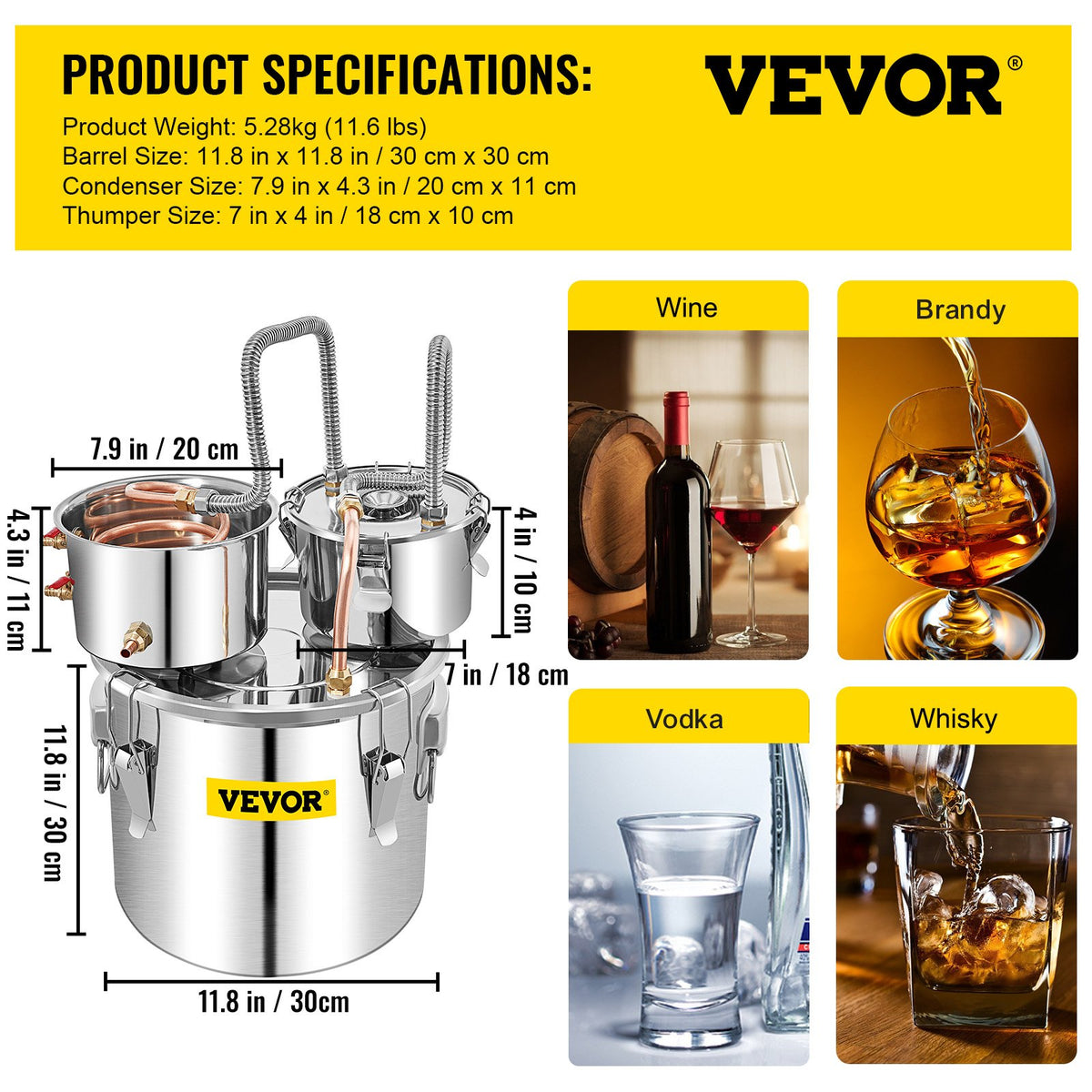 VEVOR Distillation Apparatus 19 l with Copper Tube and Thermometer, for Alcohol, Oils and Hydrosols