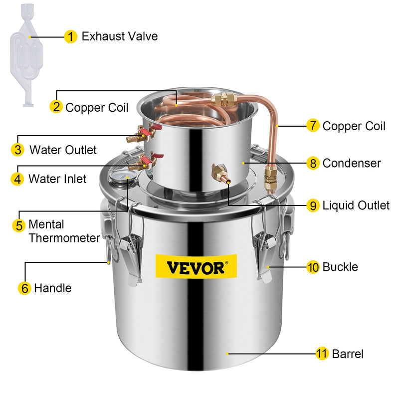 VEVOR 20L nerūsējoša tērauda destilācijas aparāts, vara caurule, iebūvēts termometrs,  ar augstu efektivitāti un izcilu dzesēšanas veiktspēju, kas ļauj ražot alkoholu un destilēt ūdeni.