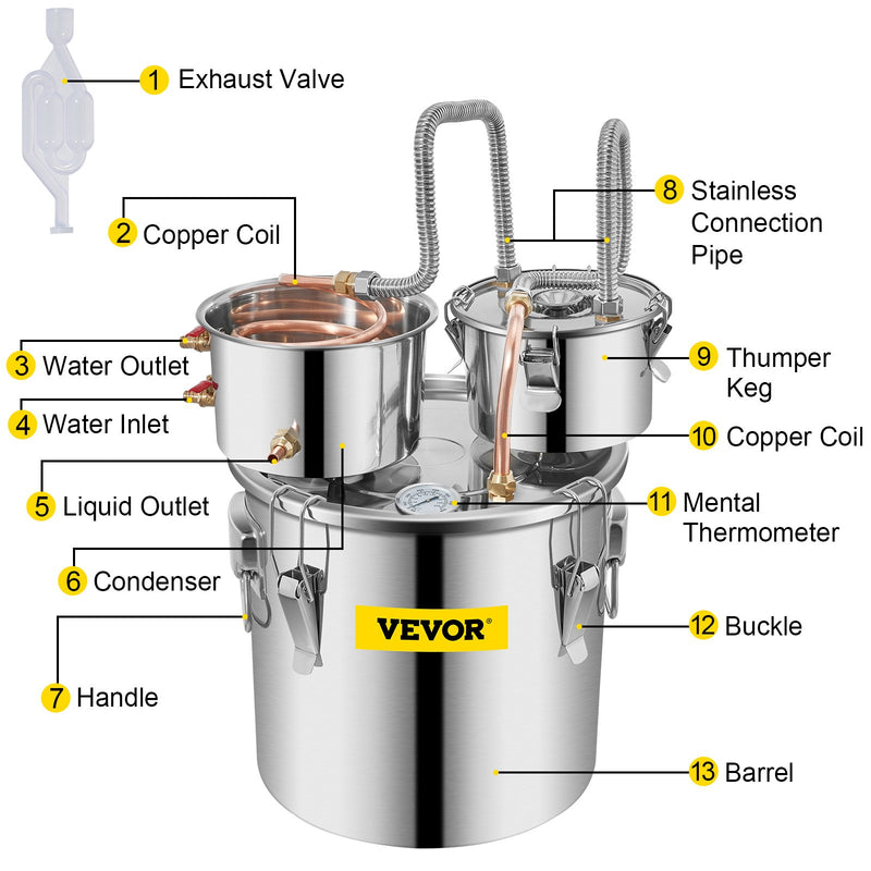 VEVOR 30L nerūsējošā tērauda destilācijas aparāts, mājas lietošanai, divkāršais katls