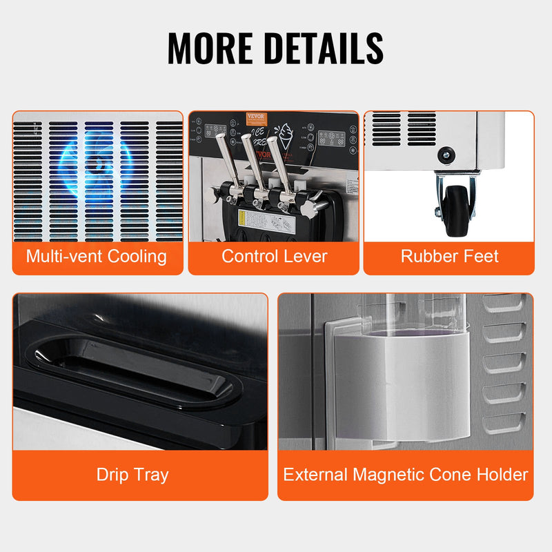 VEVOR komerciālā mīkstā saldējuma mašīna, 34-44 L/h ražība, 3 garšas, LED panelis