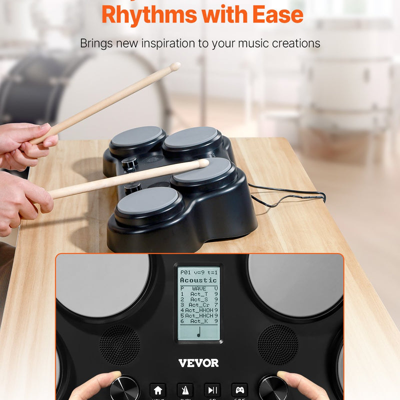 VEVOR elektriskā bungas sistēma ar 4 spilventiņiem, 163 skaņām, austiņu ligzdu un stereo skaļruņiem