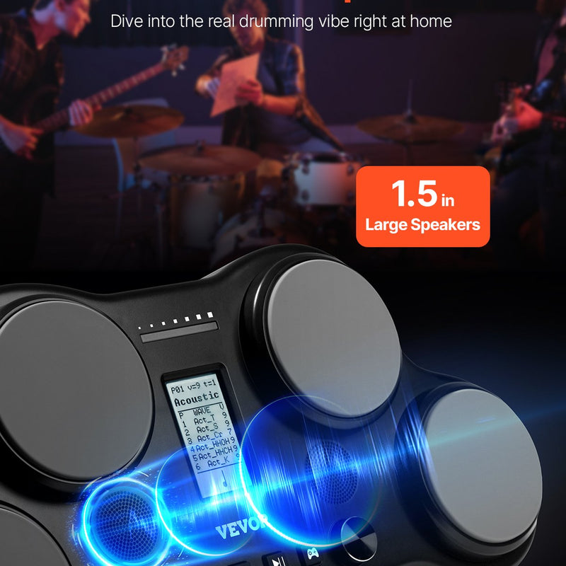 VEVOR elektriskā bungas sistēma ar 4 spilventiņiem, 163 skaņām, austiņu ligzdu un stereo skaļruņiem