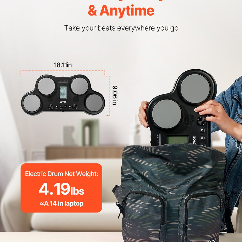 VEVOR elektriskā bungas sistēma ar 4 spilventiņiem, 163 skaņām, austiņu ligzdu un stereo skaļruņiem