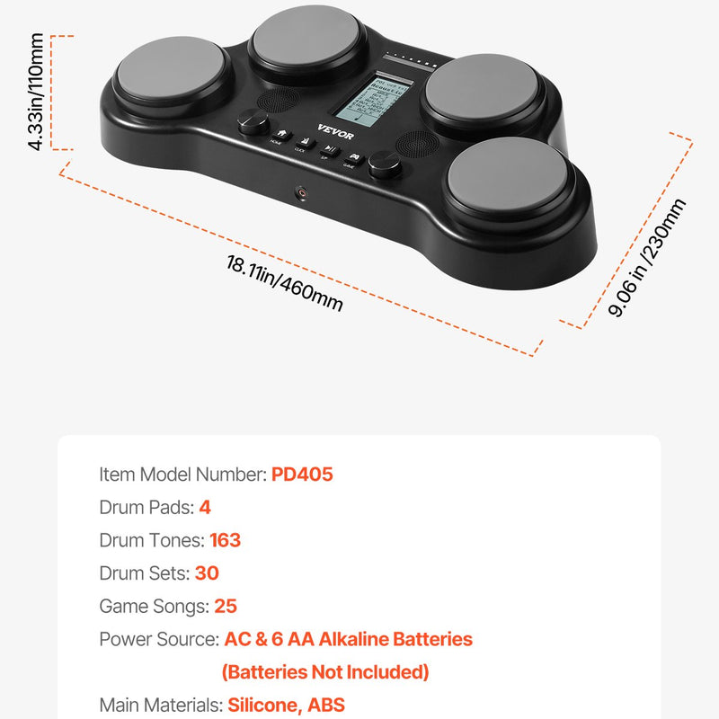 VEVOR elektriskā bungas sistēma ar 4 spilventiņiem, 163 skaņām, austiņu ligzdu un stereo skaļruņiem