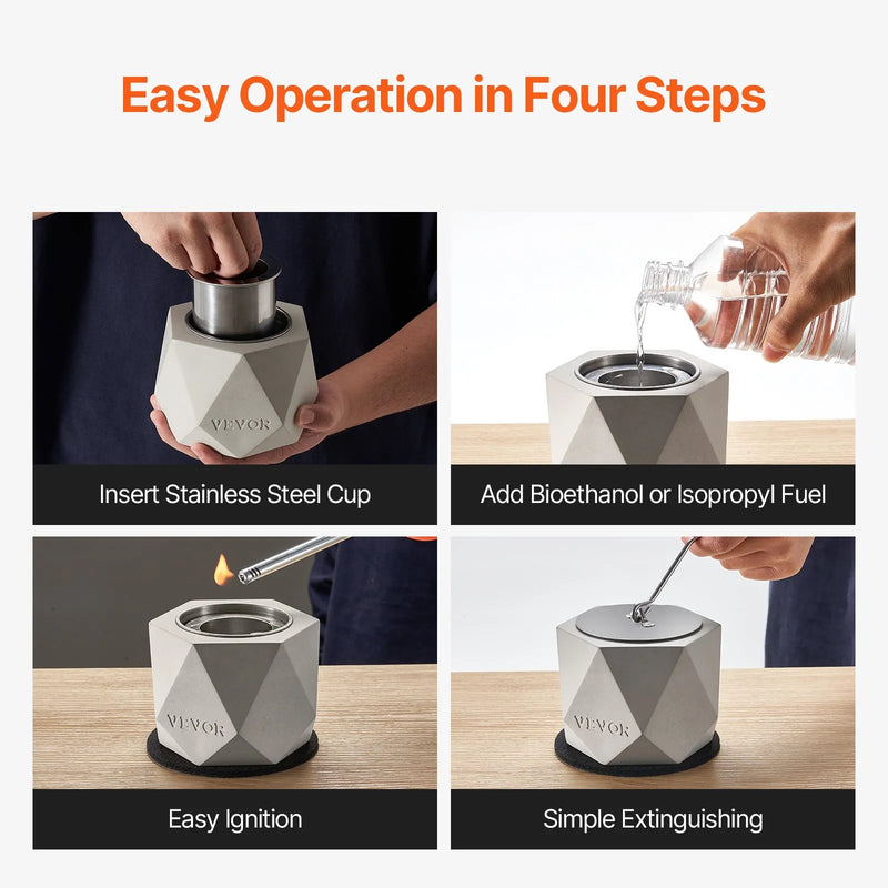 VEVOR galda virsmas ugunskura bļoda, betona mini kamīns iekštelpām un ārtelpām, pārnēsājams spirta degļa ugunskurs ar komplektā iekļautu dzēšamo vāku, piemērots terasei un balkonam, gaiši pelēks