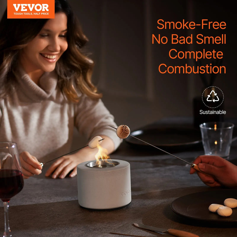 VEVOR galda ugunskura bļoda, betona galda kamīns iekštelpām un āra dekoram, pārnēsājams spirta deglis “S’mores” pagatavošanai, piemērots terasei un balkonam ar ugunsdzēšļa vāku, cilindrisks gaiši pelēks