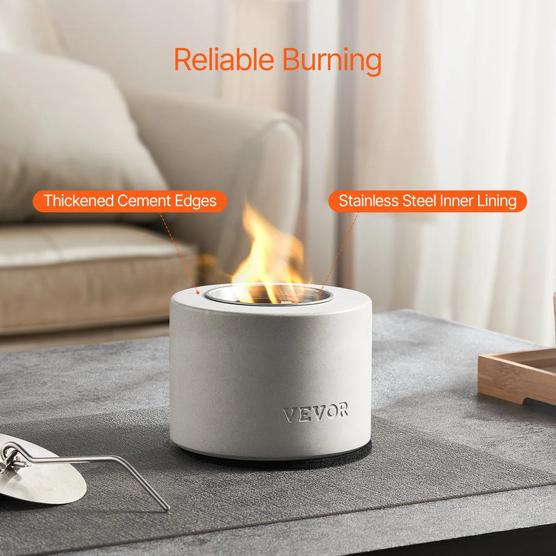 VEVOR galda ugunskura bļoda, betona galda kamīns iekštelpām un āra dekoram, pārnēsājams spirta deglis “S’mores” pagatavošanai, piemērots terasei un balkonam ar ugunsdzēšļa vāku, cilindrisks gaiši pelēks