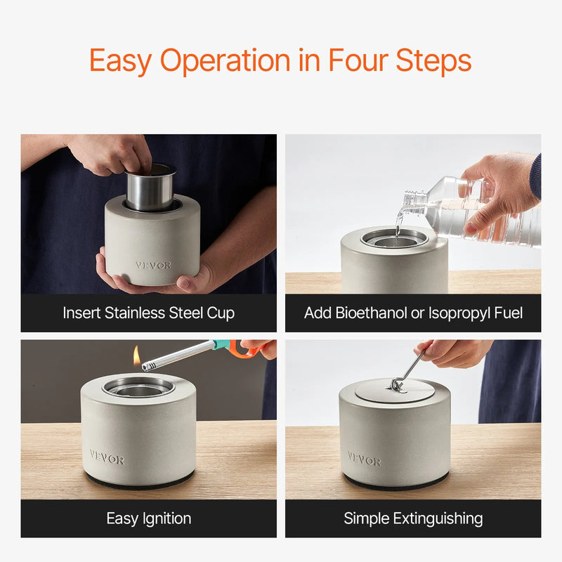 VEVOR galda ugunskura bļoda, betona galda kamīns iekštelpām un āra dekoram, pārnēsājams spirta deglis “S’mores” pagatavošanai, piemērots terasei un balkonam ar ugunsdzēšļa vāku, cilindrisks gaiši pelēks