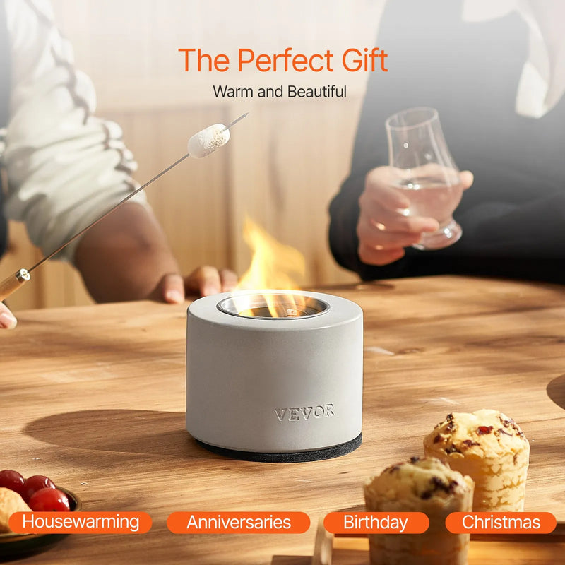 VEVOR galda ugunskura bļoda, betona galda kamīns iekštelpām un āra dekoram, pārnēsājams spirta deglis “S’mores” pagatavošanai, piemērots terasei un balkonam ar ugunsdzēšļa vāku, cilindrisks gaiši pelēks